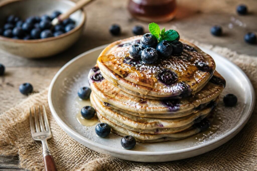 Fluffige Heidelbeer-Pancakes auf einem weißen Teller, bestreut mit frischen Blaubeeren und beträufelt mit Ahornsirup, perfektes Ferienfrühstück