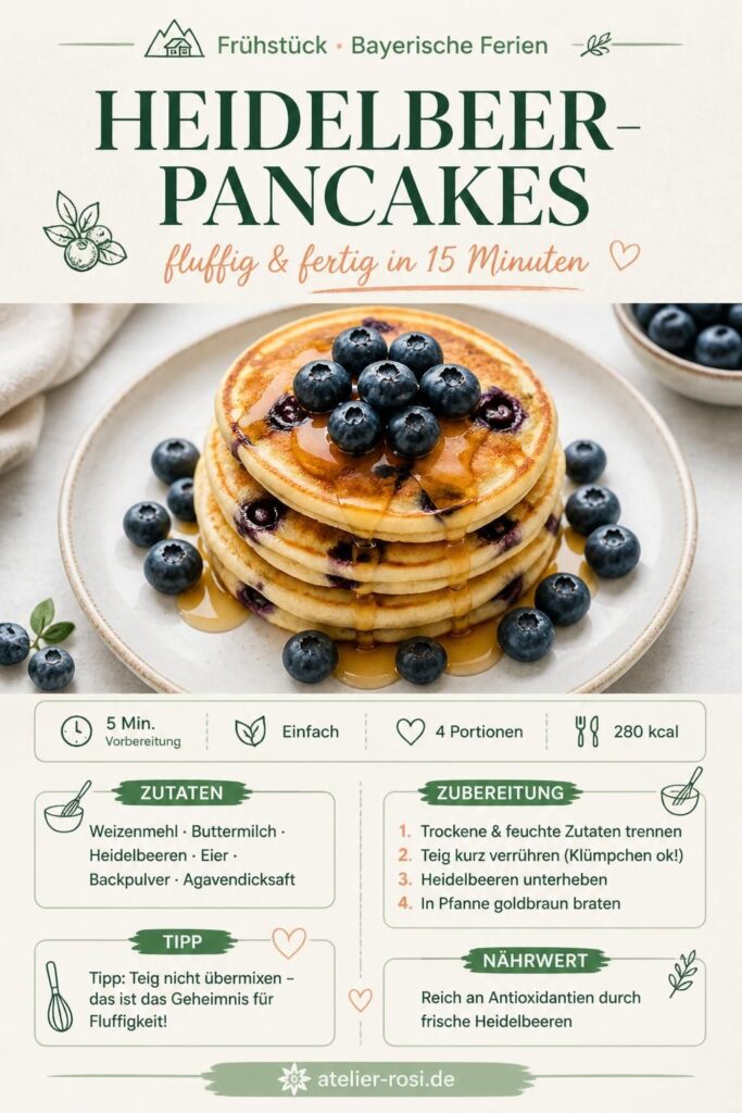 Fluffige Heidelbeer-Pancakes mit frischen Blaubeeren und Ahornsirup auf einem weißen Teller