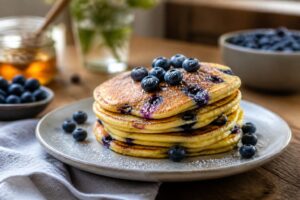 Fluffige Heidelbeer-Pancakes auf einem weißen Teller, belegt mit frischen Blaubeeren und Ahornsirup, von oben fotografiert