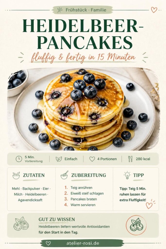 Fluffige Heidelbeer-Pancakes auf einem Teller mit frischen Blaubeeren und Ahornsirup, Pinterest-Pin für atelier-rosi.de