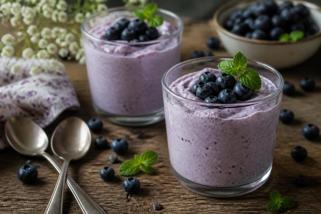 Heidelbeer-Quark-Creme ohne Gelatine im Glas, garniert mit frischen Blaubeeren und Minzblättern, cremig und löffelfest