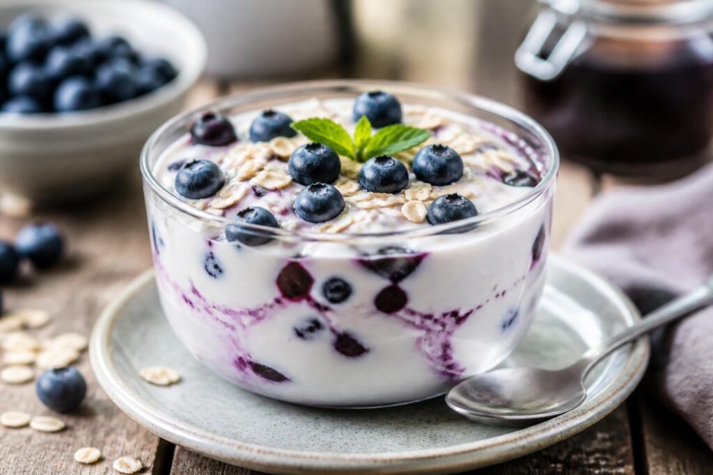 Heidelbeer-Quark-Creme ohne Gelatine im Glas, mit frischen Blaubeeren und einer Minzgarnierung, von oben fotografiert auf hellem Holzuntergrund