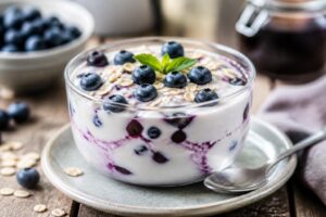 Heidelbeer-Quark-Creme ohne Gelatine im Glas, mit frischen Blaubeeren und einer Minzgarnierung, von oben fotografiert auf hellem Holzuntergrund