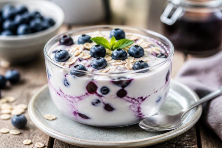 Heidelbeer-Quark-Creme ohne Gelatine im Glas, mit frischen Blaubeeren und einer Minzgarnierung, von oben fotografiert auf hellem Holzuntergrund