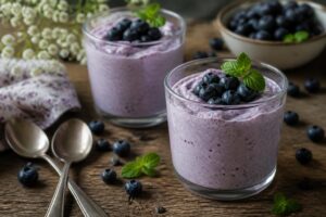 Heidelbeer-Quark-Creme ohne Gelatine im Glas, garniert mit frischen Blaubeeren und Minzblättern, cremig und löffelfest