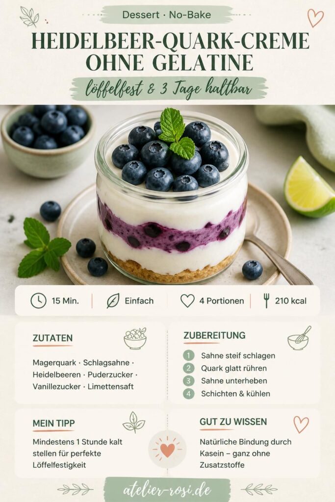 Heidelbeer-Quark-Creme ohne Gelatine im Glas, löffelfest mit frischen Blaubeeren