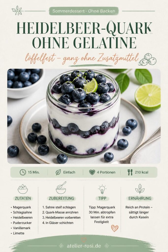 Heidelbeer-Quark-Creme ohne Gelatine im Glas mit frischen Blaubeeren – Pinterest-Pin
