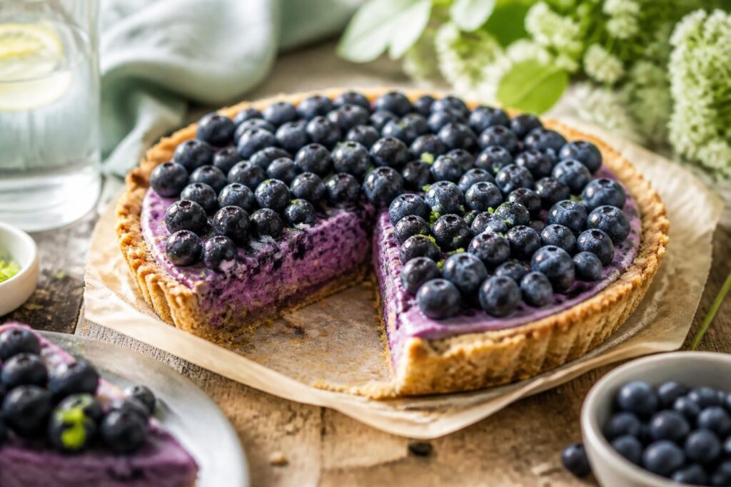 Heidelbeer-Tarte ohne Backen auf einem Marmortablett, mit frischen Blaubeeren belegt und cremiger Frischkäse-Füllung auf Keksboden