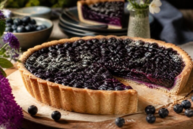Frisch gebackene Heidelbeer-Tarte auf einem Holzbrett, mit knusprigem Mürbeteig und glänzender Beerenfüllung, die ihre Form perfekt behält
