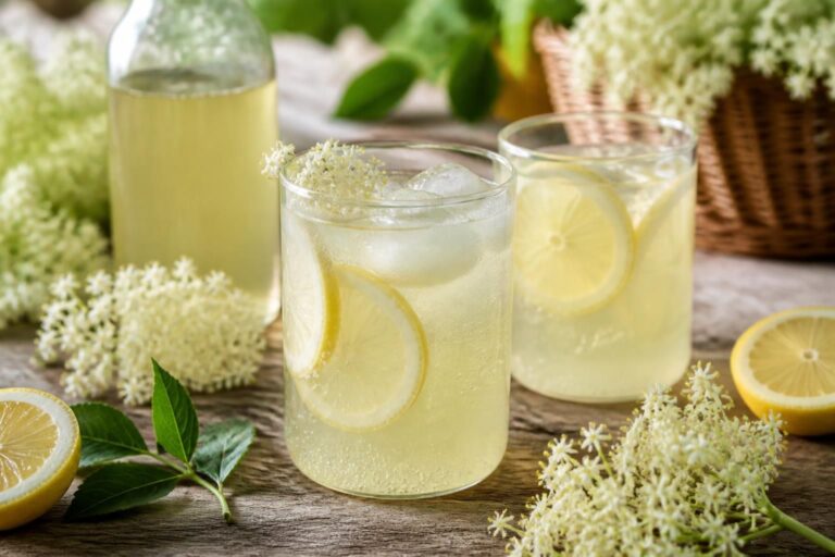 Selbst gemachte Holunder-Limonade im Glas mit Eiswürfeln, frischen Holunderblüten und Zitronenscheiben auf einem Holztisch