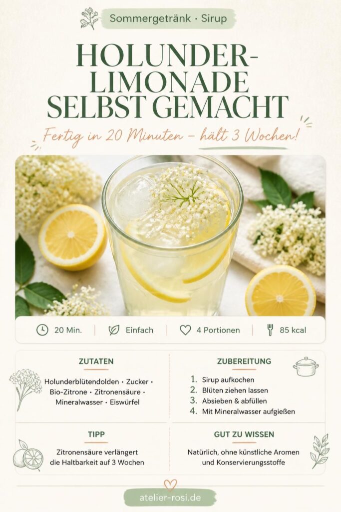 Holunder-Limonade selbst gemacht – Rezept in 20 Minuten mit Holunderblütensirup, Zitrone und Mineralwasser