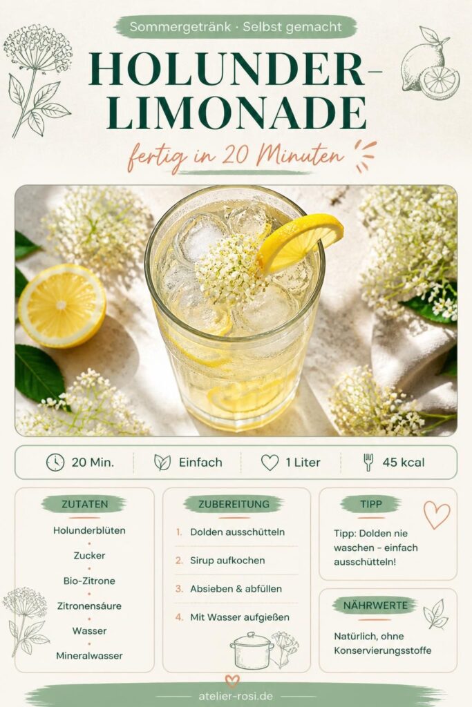 Selbst gemachte Holunder-Limonade im Glas mit Holunderblüten und Zitronenscheiben