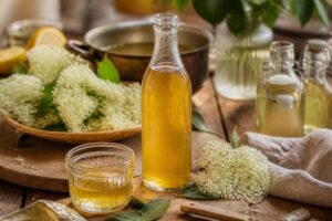 Holunderblütensirup in einer klaren Glasflasche, umgeben von frischen Holunderblütendolden und Bio-Zitronen auf einem Holztisch