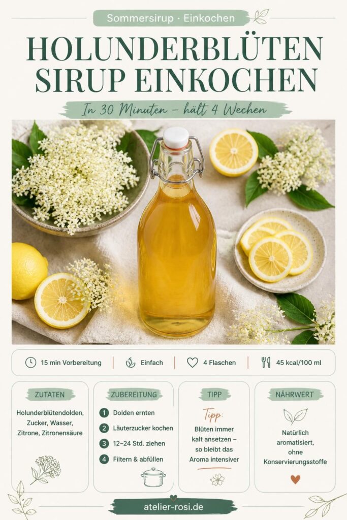 Holunderblütensirup einkochen: goldener Sirup in Glasflaschen mit frischen weißen Holunderblütendolden