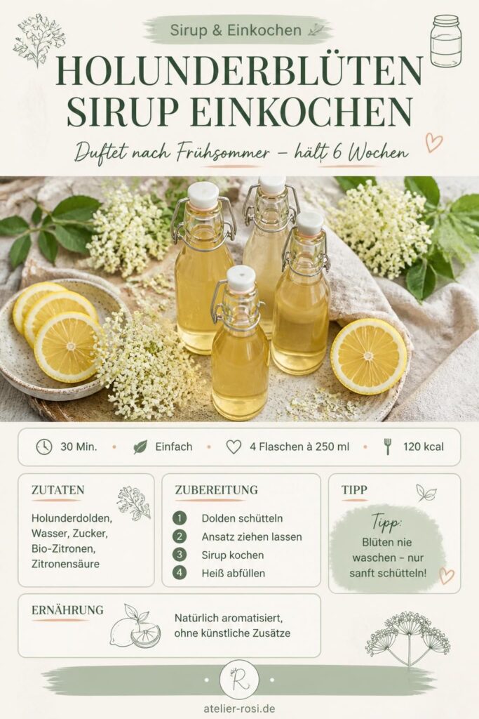 Holunderblütensirup in Glasflaschen mit frischen Holunderdolden und Zitronen, von oben fotografiert