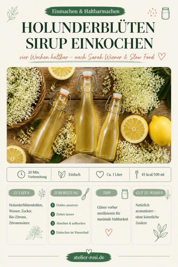 Holunderblütensirup einkochen – Rezept nach Sarah Wiener und Slow Food, vier Wochen haltbar