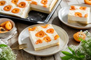 Joghurt-Blechkuchen mit Aprikosen ohne Gelatine – Anschnitt zeigt cremige, schnittfeste Joghurtfüllung mit frischen Aprikosenstücken auf Mürbeteigboden