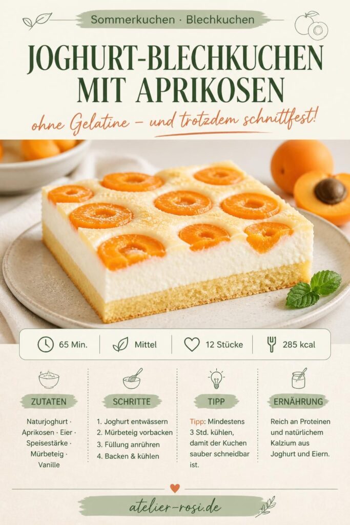 Joghurt-Blechkuchen mit Aprikosen ohne Gelatine – Pinterest-Bild mit Rezept und Zutaten