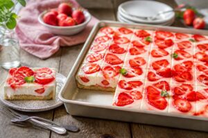 Joghurt-Blechkuchen mit Erdbeeren ohne Gelatine, in Stücke geschnitten auf einem hellen Kuchenblech, frische Erdbeeren obenauf