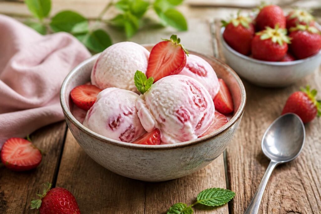 Erdbeer-Joghurt-Eis in einer Schüssel, garniert mit frischen Erdbeeren und einem Holzlöffel, von oben fotografiert