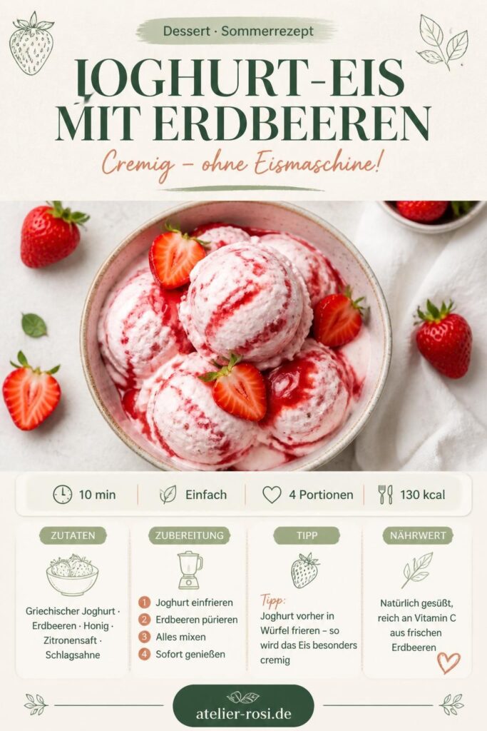 Erdbeer-Joghurt-Eis ohne Eismaschine – Pinterest-Rezeptkarte von atelier-rosi.de