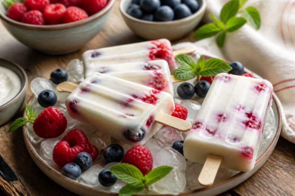 Cremiges Joghurteis am Stiel auf einem Tablett mit Eis und frischen Beeren, selbstgemacht ohne Eismaschine