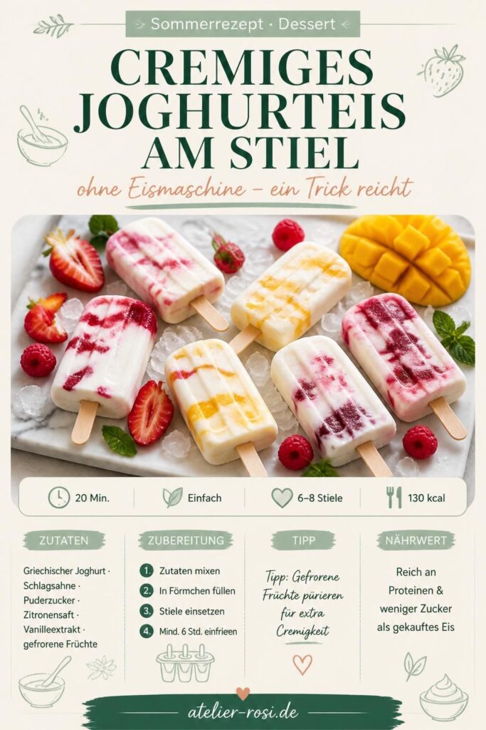 Cremiges Joghurteis am Stiel ohne Eismaschine mit frischen Beeren auf einem Marmortablett