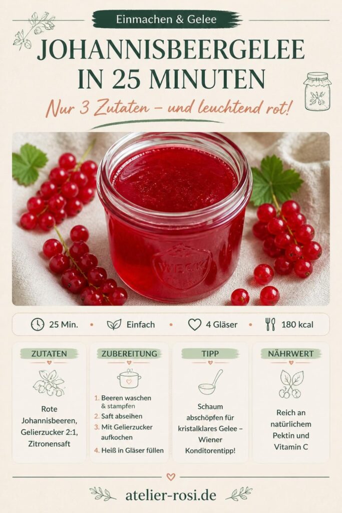 Johannisbeergelee in einem Einmachglas, leuchtend rot, mit frischen Johannisbeeren daneben