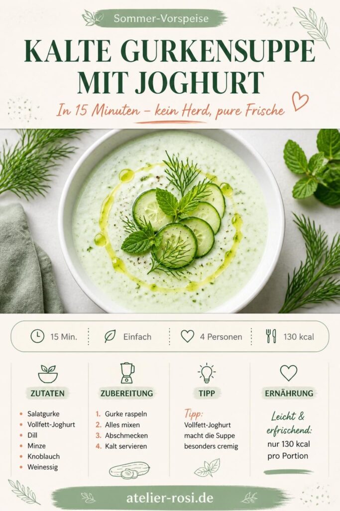 Kalte Gurkensuppe mit Joghurt nach Johann Lafer in einem weißen Teller, garniert mit frischem Dill und Minze