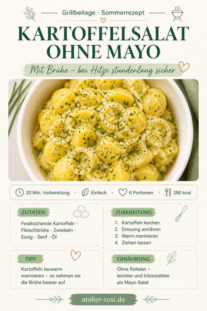 Kartoffelsalat ohne Mayo mit Brühe-Dressing und Schnittlauch in einer weißen Schüssel – perfekte Grillbeilage