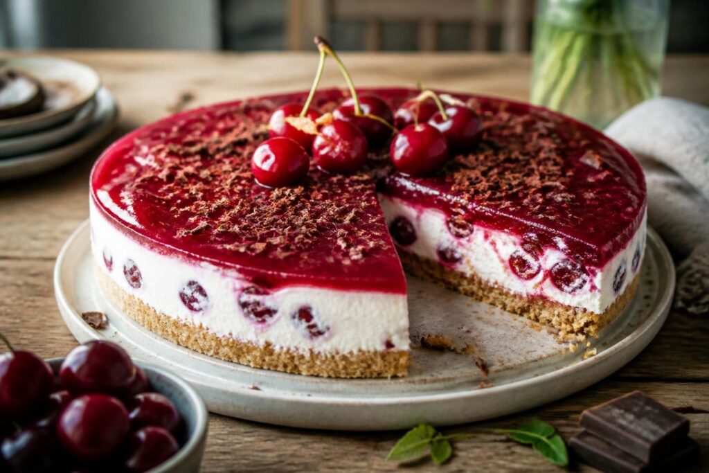 Kirschkuchen ohne Backen auf einem weißen Teller – cremige Frischkäseschicht, roter Kirschbelag und goldbrauner Keksboden, direkt aus dem Kühlschrank