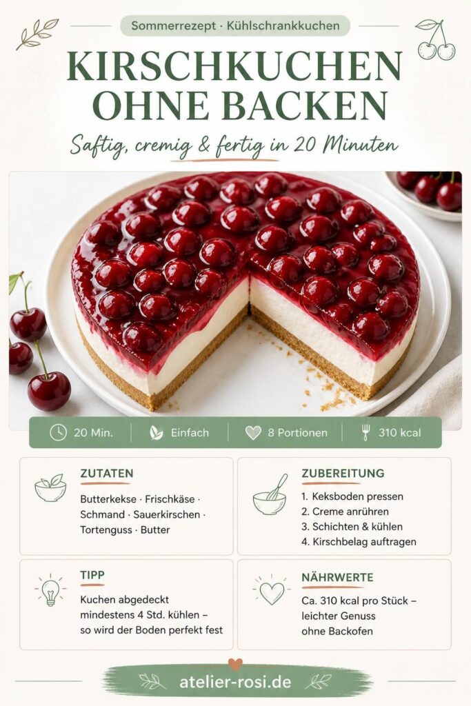 Kirschkuchen ohne Backen – cremiger Kühlschrankkuchen mit Keksboden und Kirschbelag, Pinterest-Pin für atelier-rosi.de