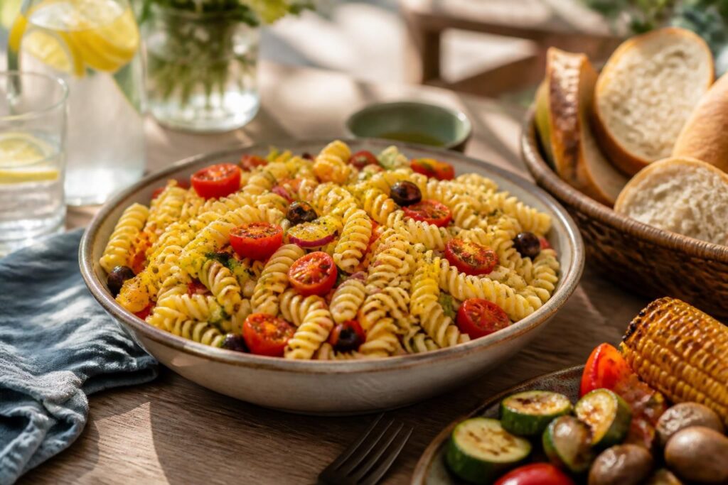 Bunter Nudelsalat ohne Mayo in einer großen Schüssel, angerichtet mit Paprika, Kirschtomaten, Gurke und Oliven, beträufelt mit Essig-Öl-Dressing – perfekte Grillbeilage für den Sommer