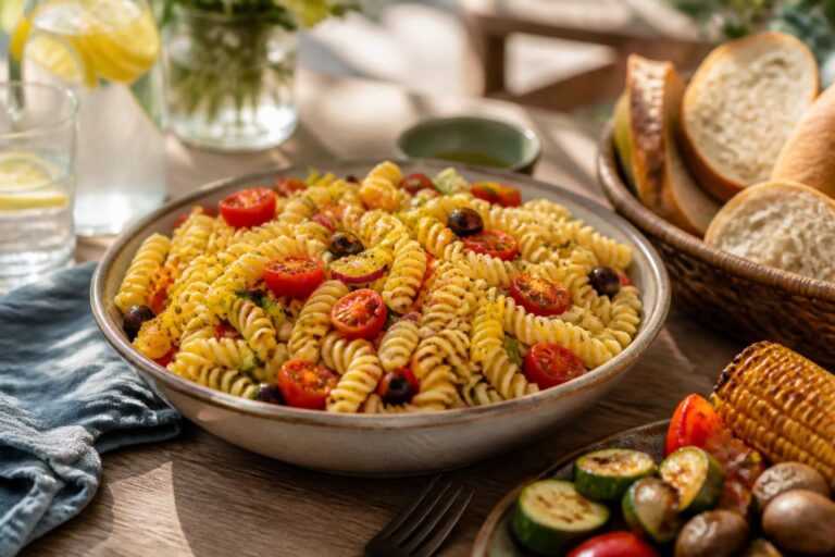 Bunter Nudelsalat ohne Mayo in einer großen Schüssel, angerichtet mit Paprika, Kirschtomaten, Gurke und Oliven, beträufelt mit Essig-Öl-Dressing – perfekte Grillbeilage für den Sommer