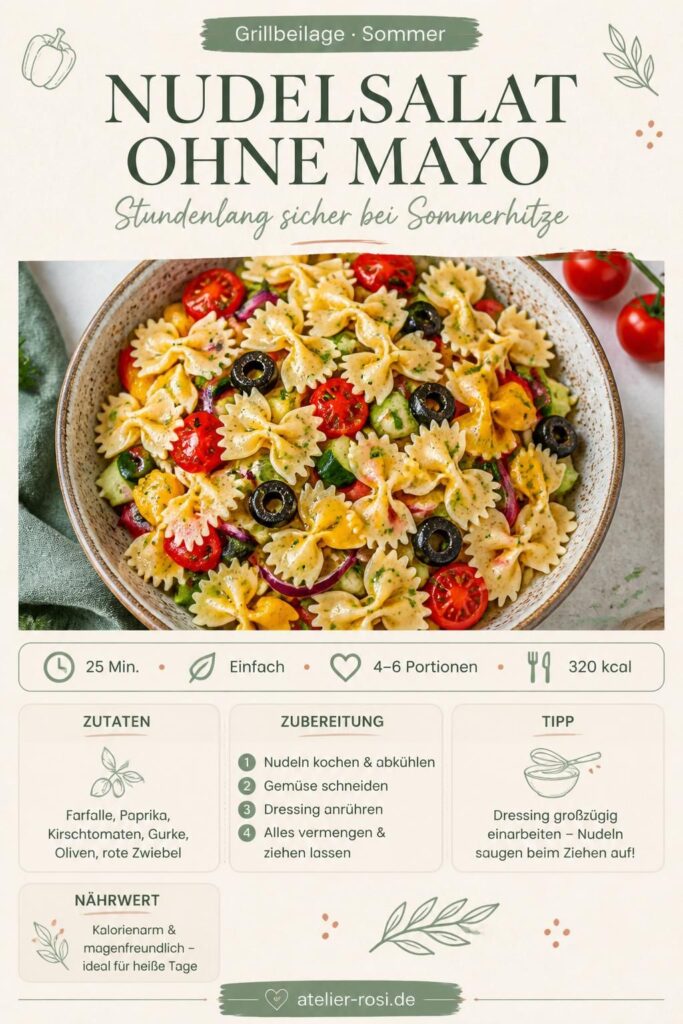 Bunter Nudelsalat ohne Mayo mit Paprika, Kirschtomaten und Oliven – Grillparty-Beilage mit Essig-Öl-Dressing