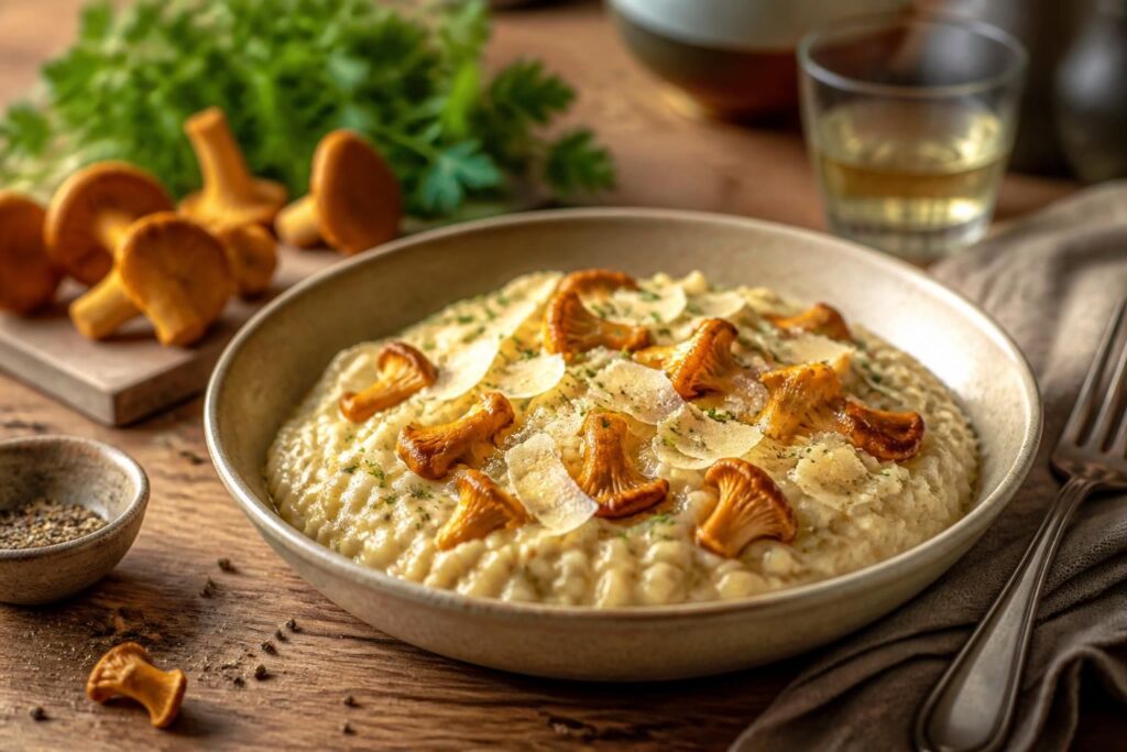Cremiges Pfifferling-Risotto in einem tiefen weißen Teller, angerichtet mit goldgelben Pfifferlingen, frisch geriebenem Parmesan und Thymianblättchen auf einem Holztisch