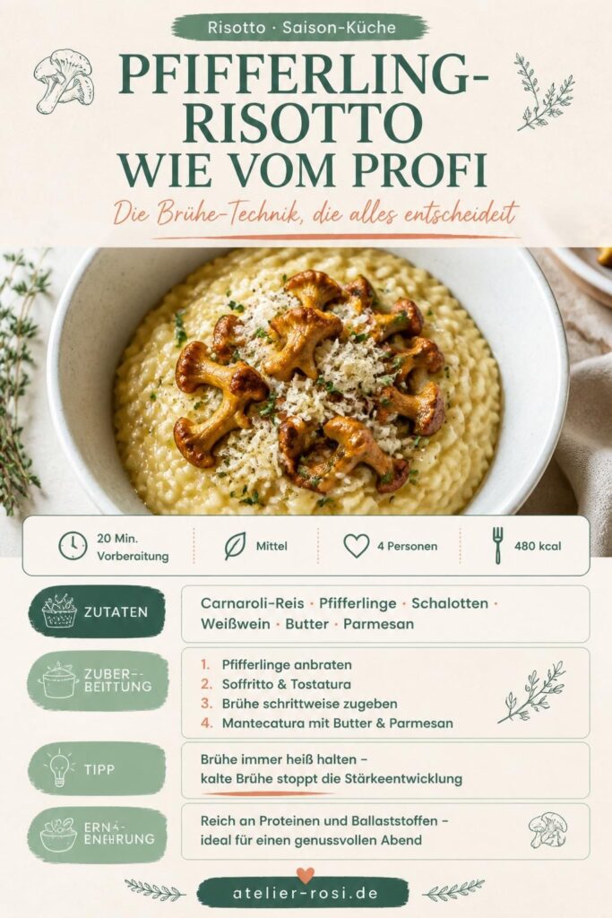 Cremiges Pfifferling-Risotto mit goldgelben Pilzen und Parmesan auf einem weißen Teller – Pinterest-Rezeptkarte von atelier-rosi.de