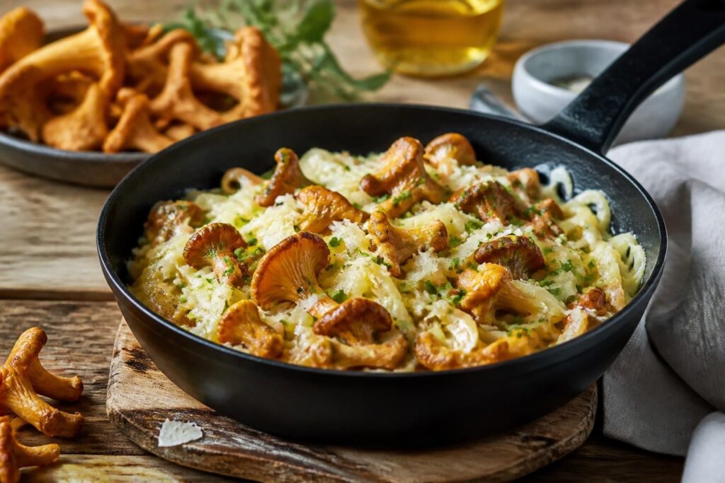 Gebratene Pfifferlinge in der Pfanne mit Butter, Schalotten und frischem Thymian – schnelles Pfannenrezept in 15 Minuten