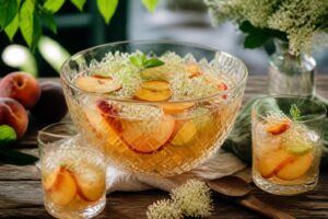 Alkoholfreie Pfirsich-Holunder-Bowle in einer Glasschüssel mit frischen Pfirsichscheiben, Minze und Eiswürfeln auf einem sommerlichen Tisch