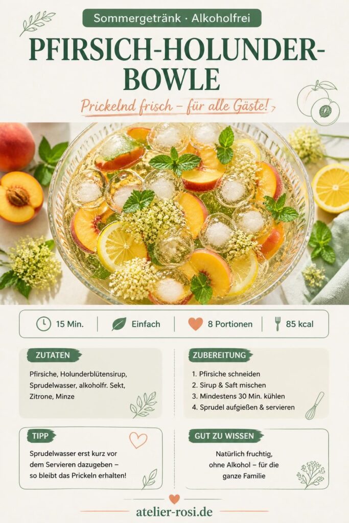 Alkoholfreie Pfirsich-Holunder-Bowle mit frischen Pfirsichen, Minze und Eiswürfeln – Pinterest-Rezeptkarte von atelier-rosi.de