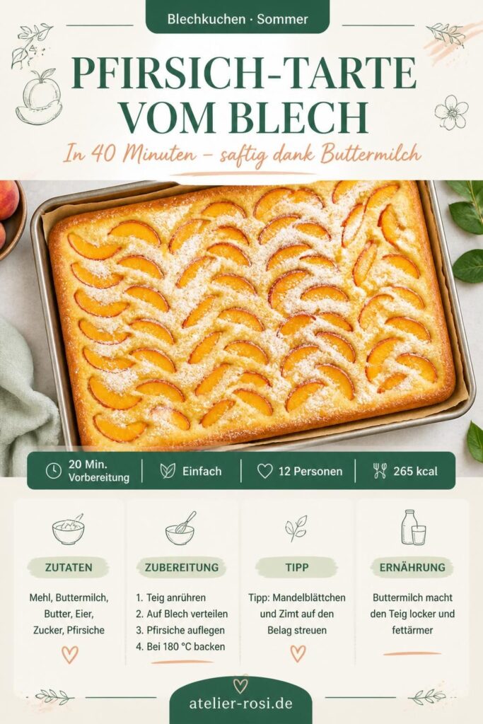 Pfirsich-Tarte vom Blech mit Buttermilchteig und goldbraunem Rand, Pinterest-Rezeptkarte