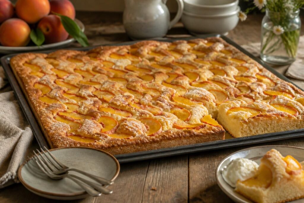Pfirsich-Tarte vom Blech für 12 Personen, in 40 Minuten fertig dank Buttermilch