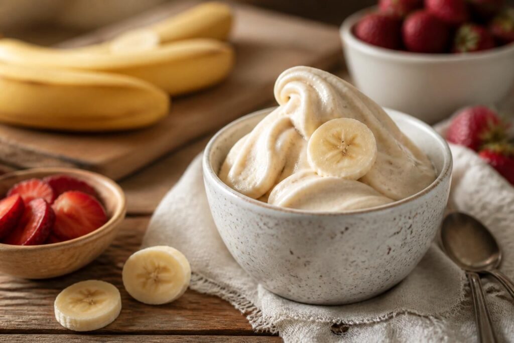 Cremiges Softeis ohne Eismaschine aus gefrorener Banane, in einer Waffelwanne serviert mit frischen Früchten und Minzblättern