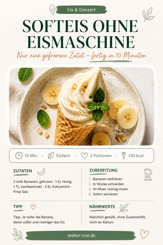 Cremiges Softeis ohne Eismaschine aus gefrorener Banane in einer Waffelwanne, Draufsicht