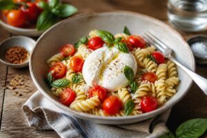Sommer-Pasta mit Burrata und frischen Kirschtomaten, garniert mit Basilikum und Olivenöl, von oben fotografiert auf einem hellen Leinentuch