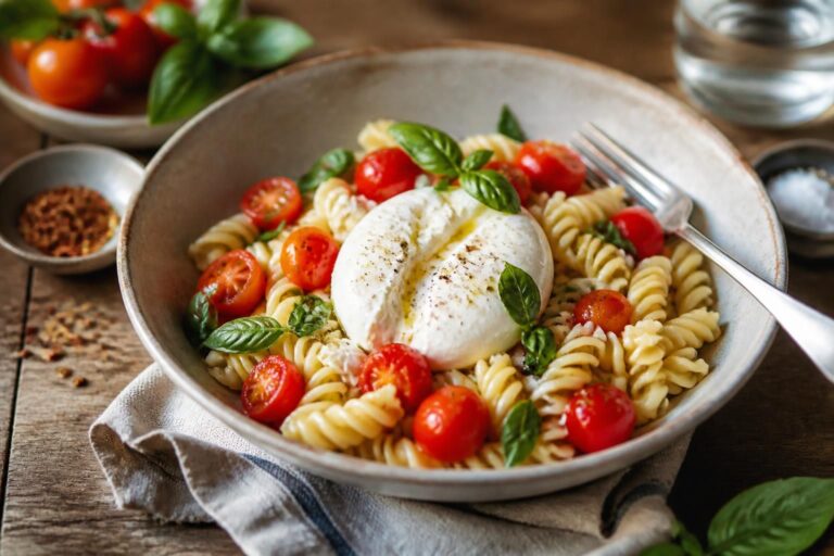 Sommer-Pasta mit Burrata und frischen Kirschtomaten, garniert mit Basilikum und Olivenöl, von oben fotografiert auf einem hellen Leinentuch