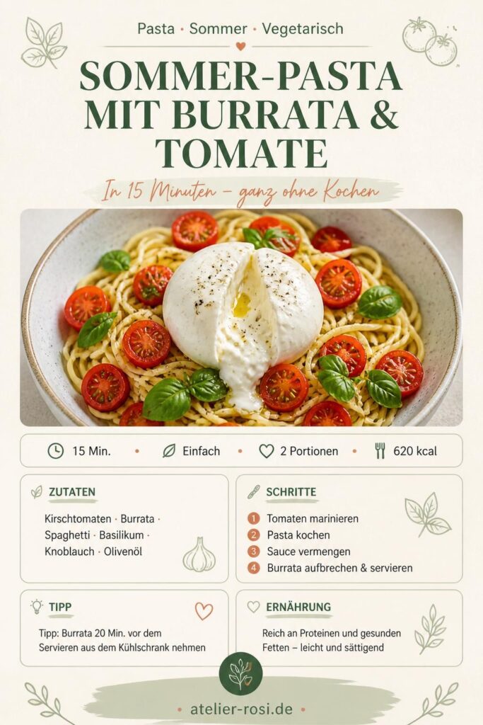 Sommer-Pasta mit Burrata und Kirschtomaten – Pinterest-Rezeptkarte