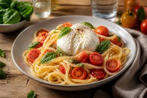 Sommer-Pasta mit frischen Kirschtomaten und cremiger Burrata, garniert mit Basilikum und Olivenöl – serviert in einer weißen Schüssel