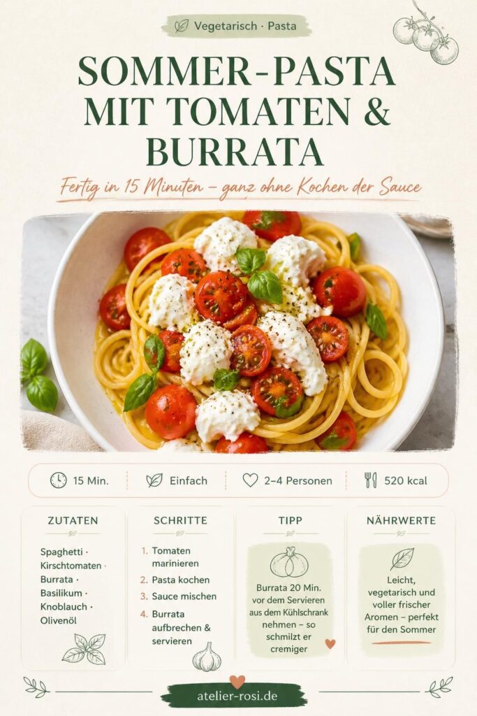 Sommer-Pasta mit Tomaten und Burrata – Pinterest-Rezeptkarte