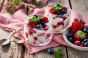 Sommer-Quark mit frischen Beeren im Glas, löffelfeste Creme ohne Gelatine, garniert mit Himbeeren und Heidelbeeren